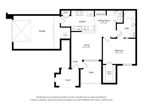 Floor plan for 1 bed, 1 bath, 760 sqft